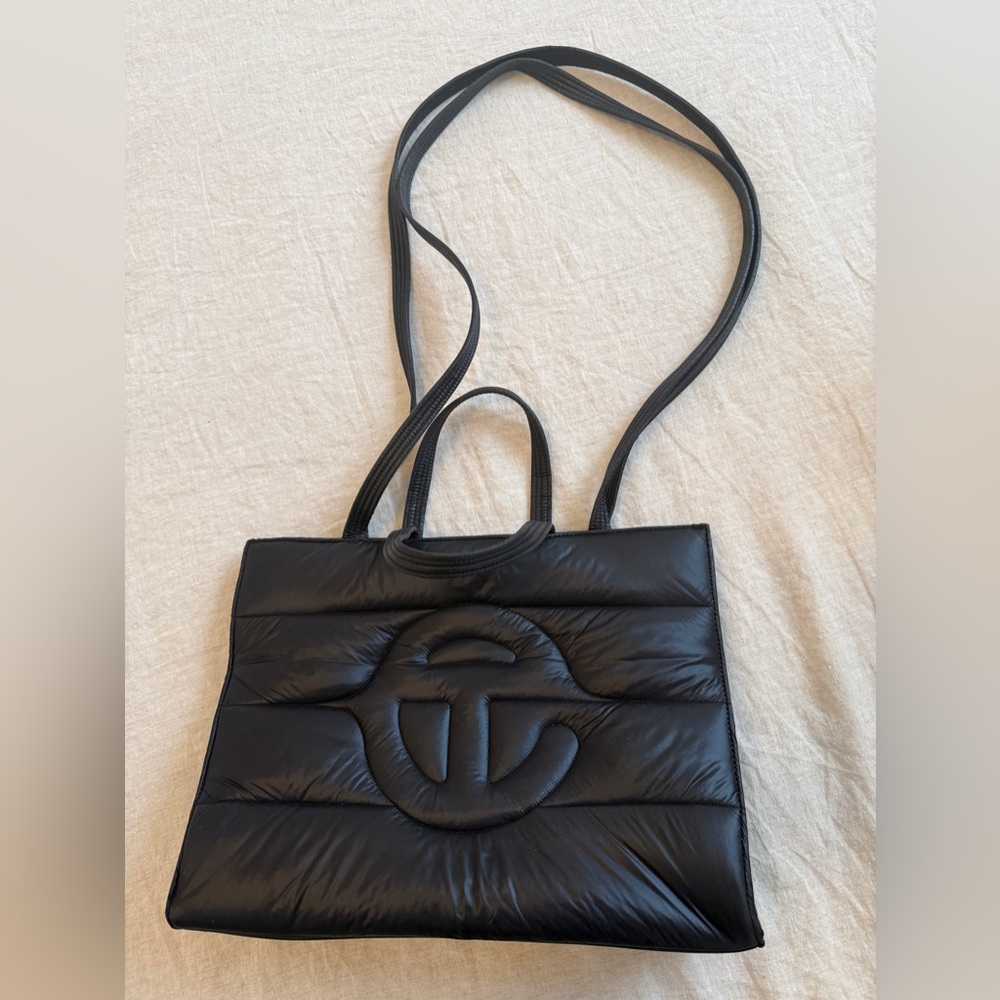 Black Quilted Logo Tote Bag